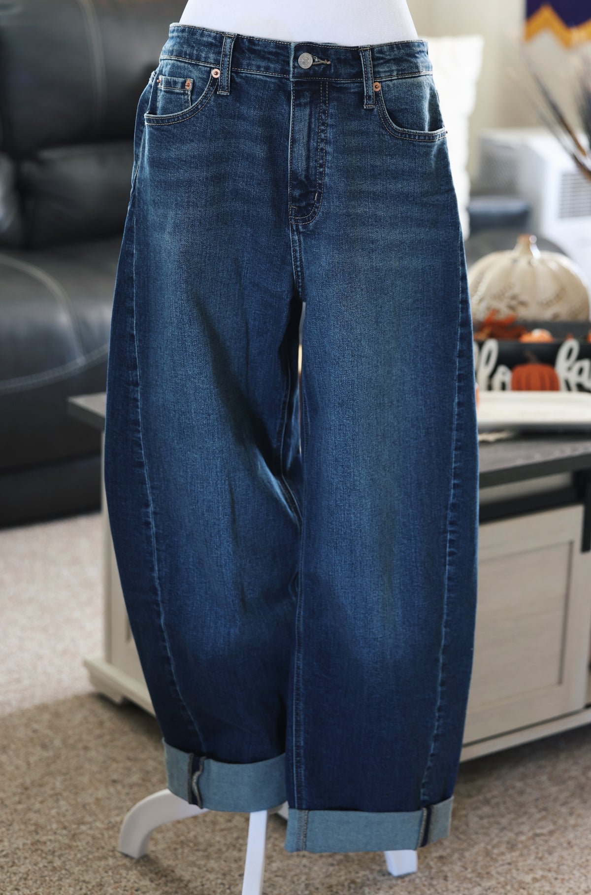 Dark Wash High Rise Cuffed Barrel Jeans