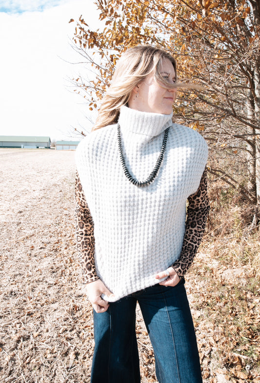 Outmeal Turtleneck Waffle Knit Vest Sweater