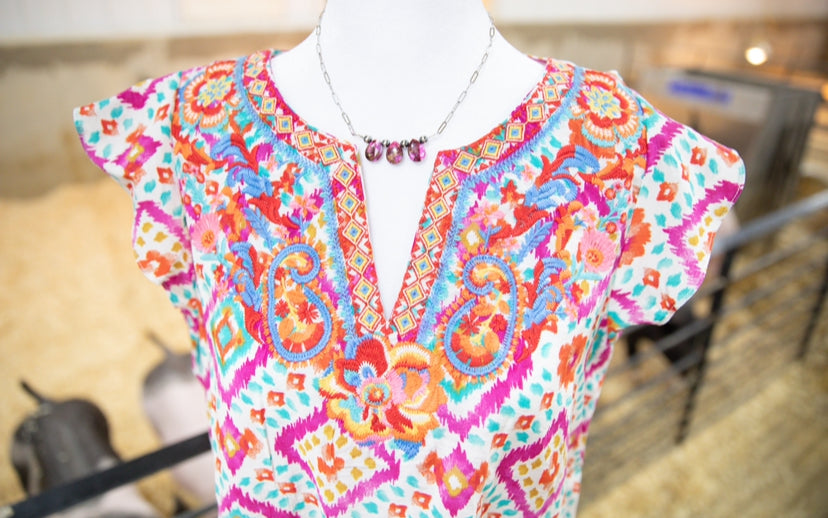 Pink & White Aztec Embroidered Ruffled Sleeve Top