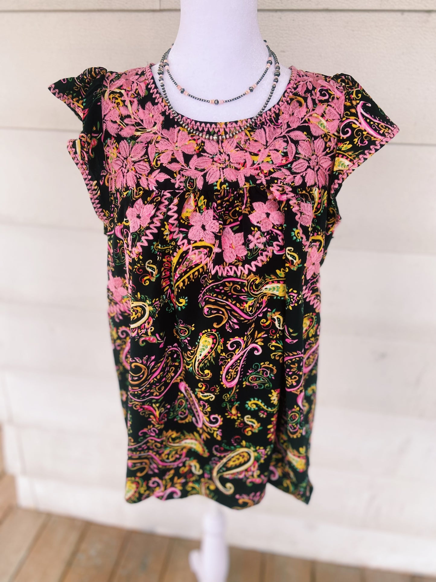 Embroidered Pink Floral + Paisley Ruffled Sleeved Top