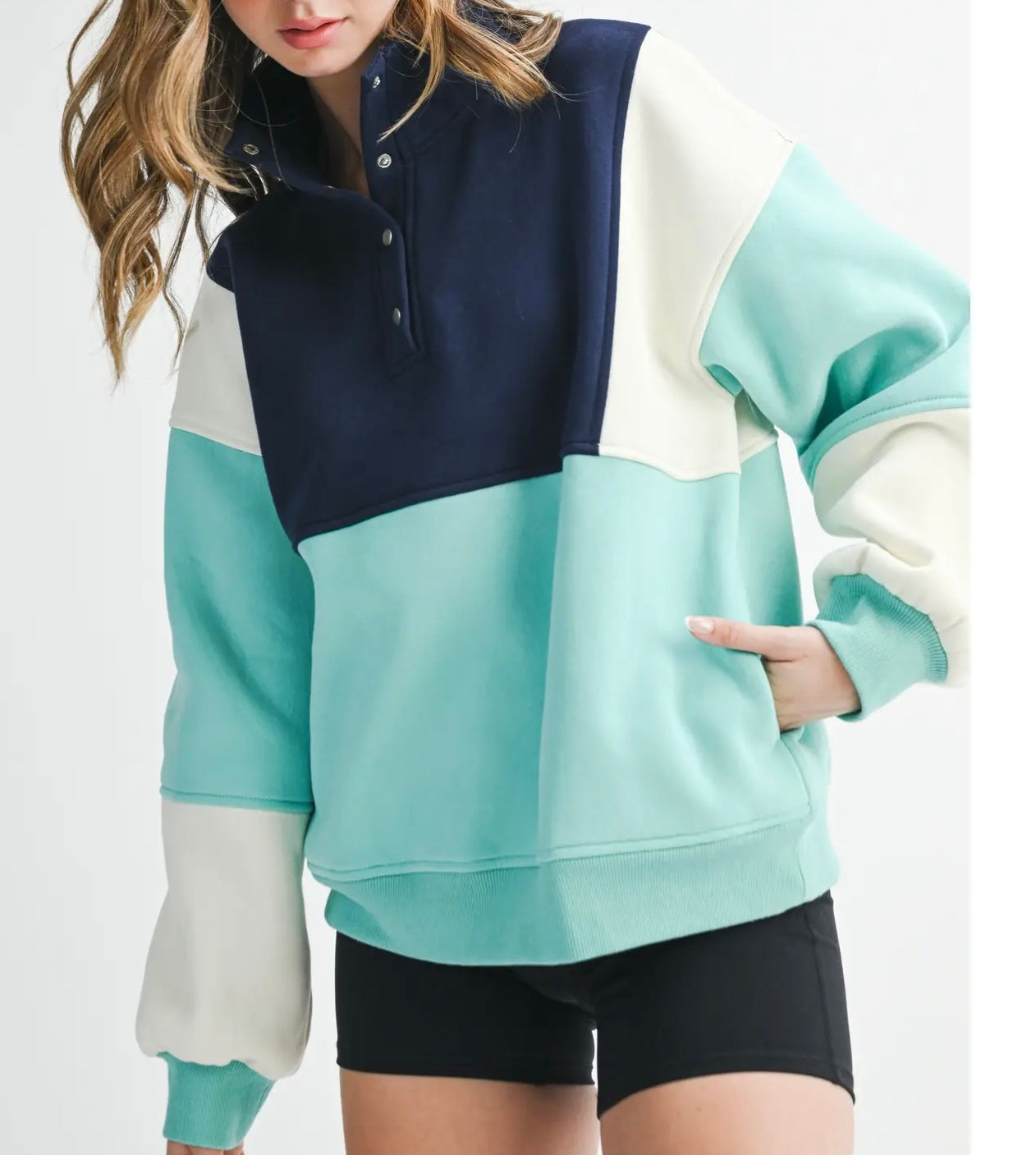 Navy Blue, Turquoise, & Cream Color Block Pullover