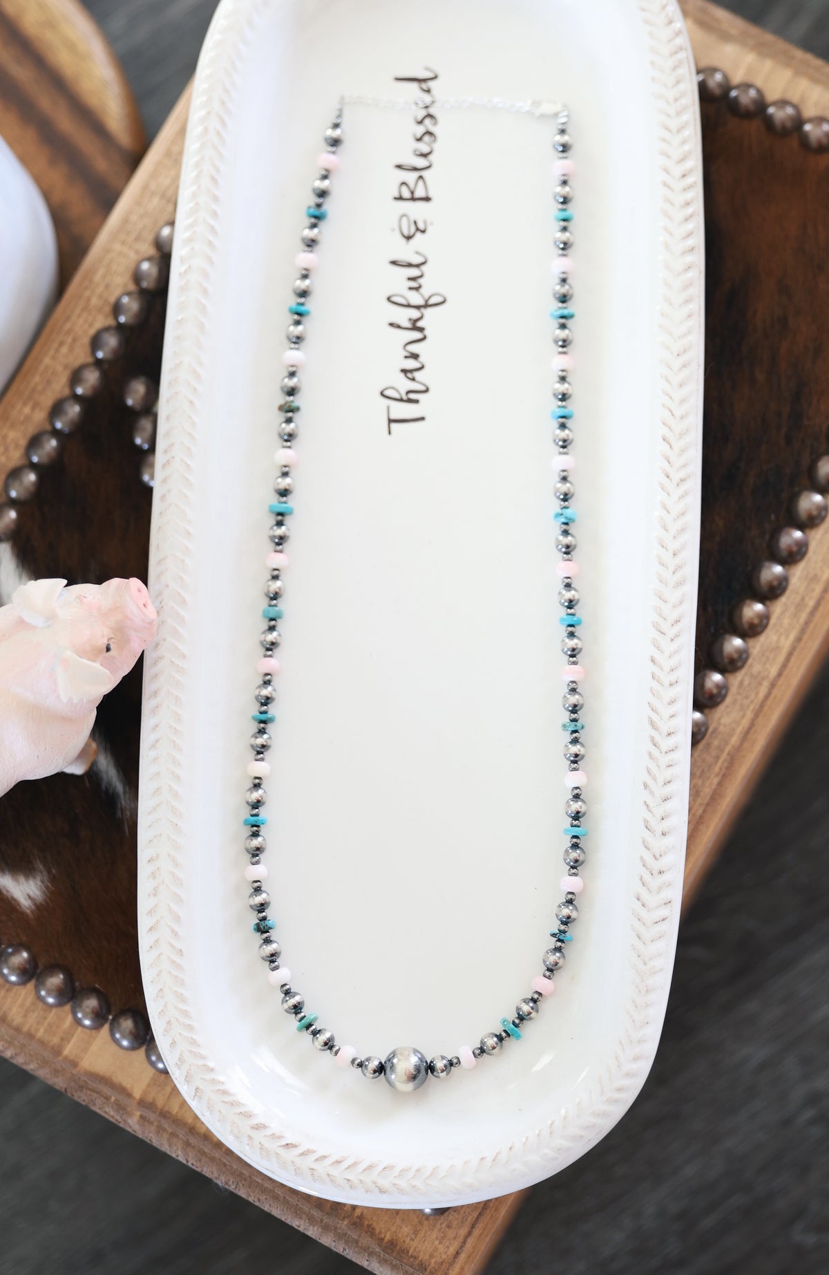 Turquoise, Pink Conch, & Sterling Pearl Necklace