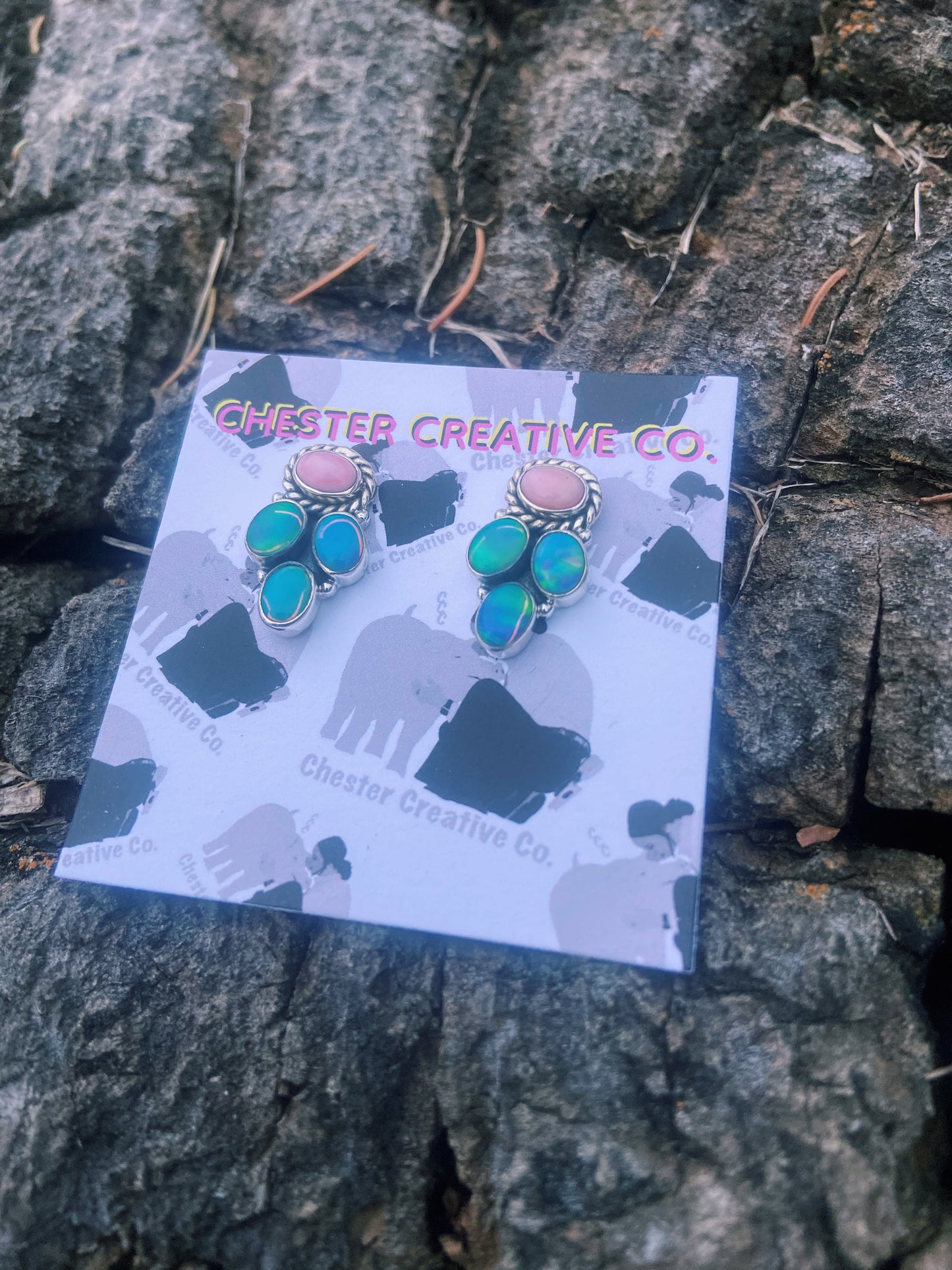 Pink Conch & Opal Stud Earrings