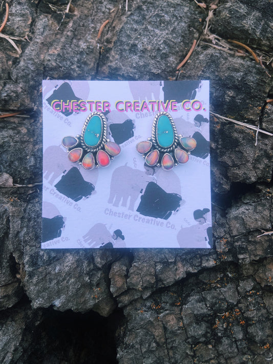 Turquoise & Iridescent Opal Stud Earrings