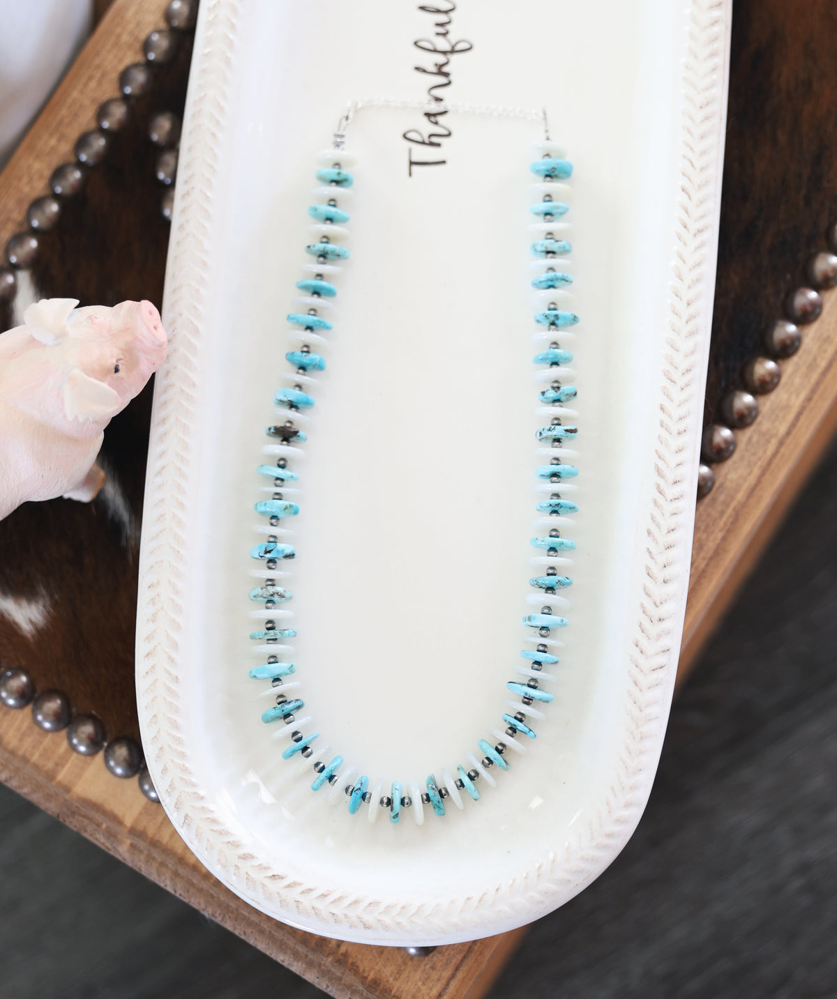 Blue Turquoise, White Shell, & Sterling Pearl Necklace