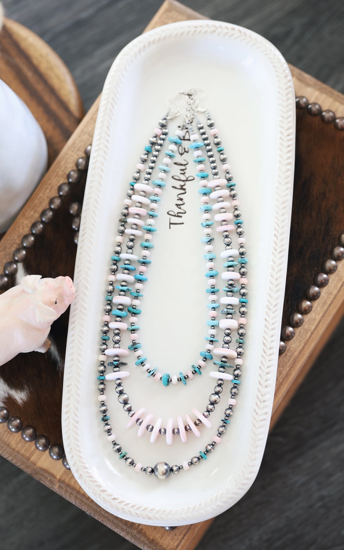 Turquoise, Pink Conch, & Sterling Pearl Necklace
