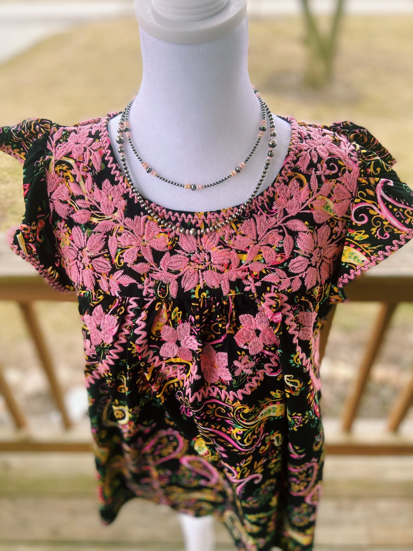 Embroidered Pink Floral + Paisley Ruffled Sleeved Top