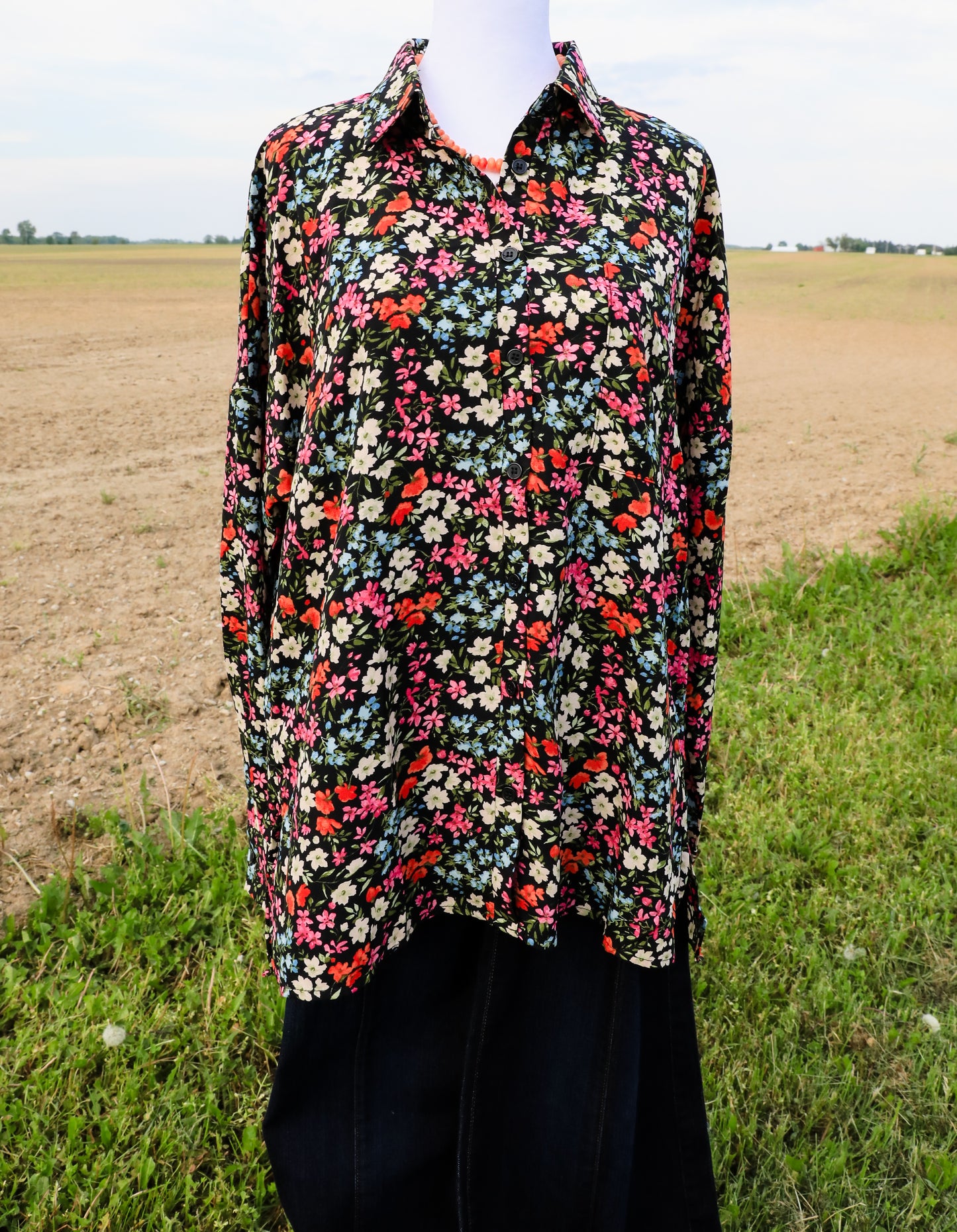 Black Floral Show Shirt ( Pink, Blue, Green, Orange )