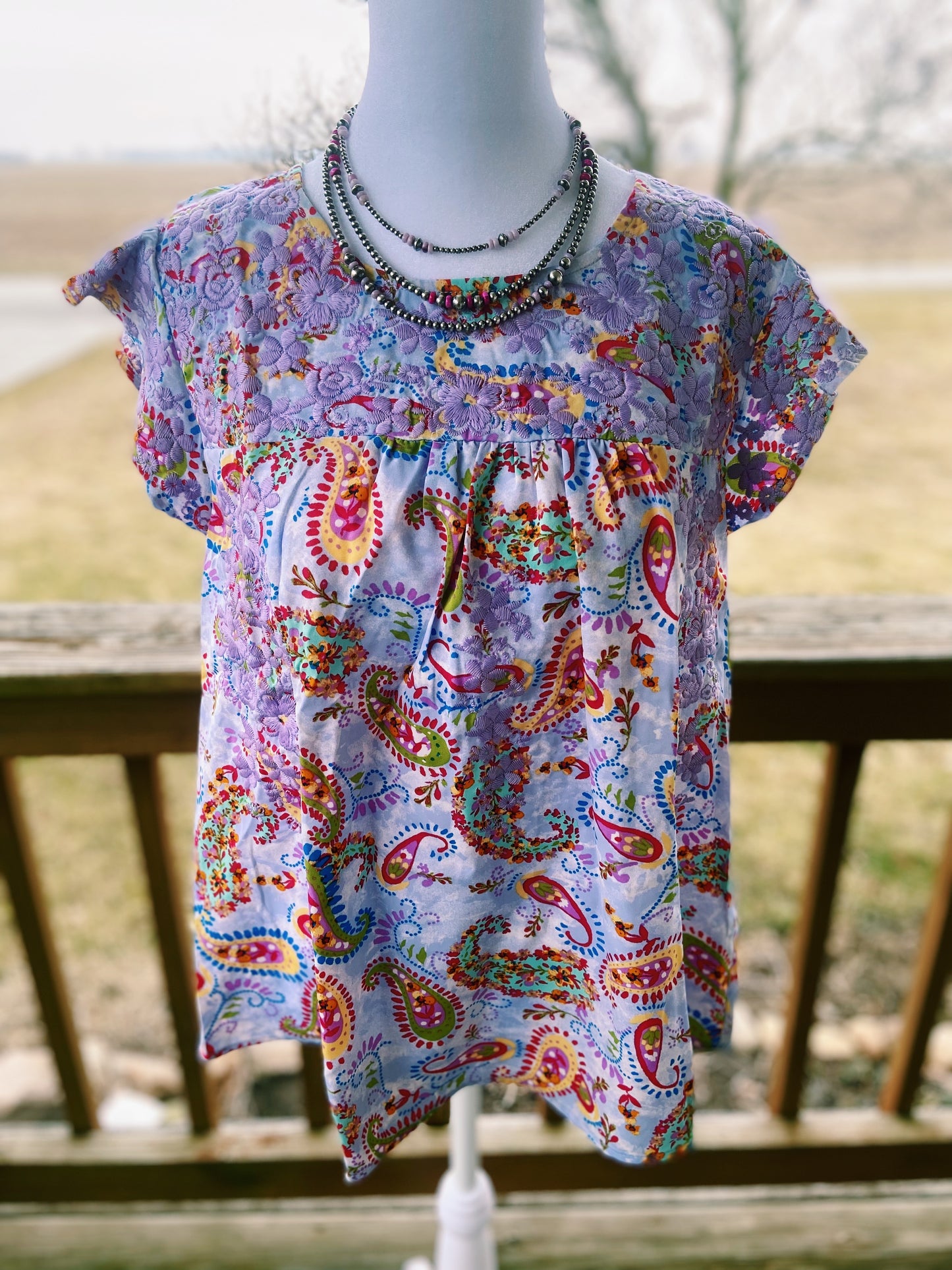 Embroidered Purple Floral + Paisley Ruffled Sleeved Top