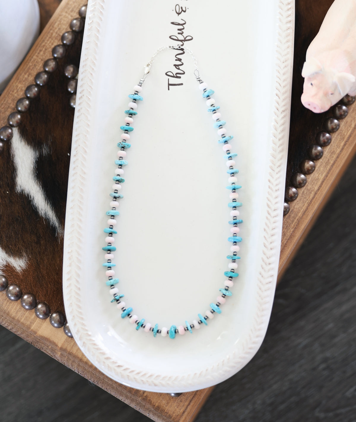 Turquoise, Pink Conch, & Sterling Pearl Necklace