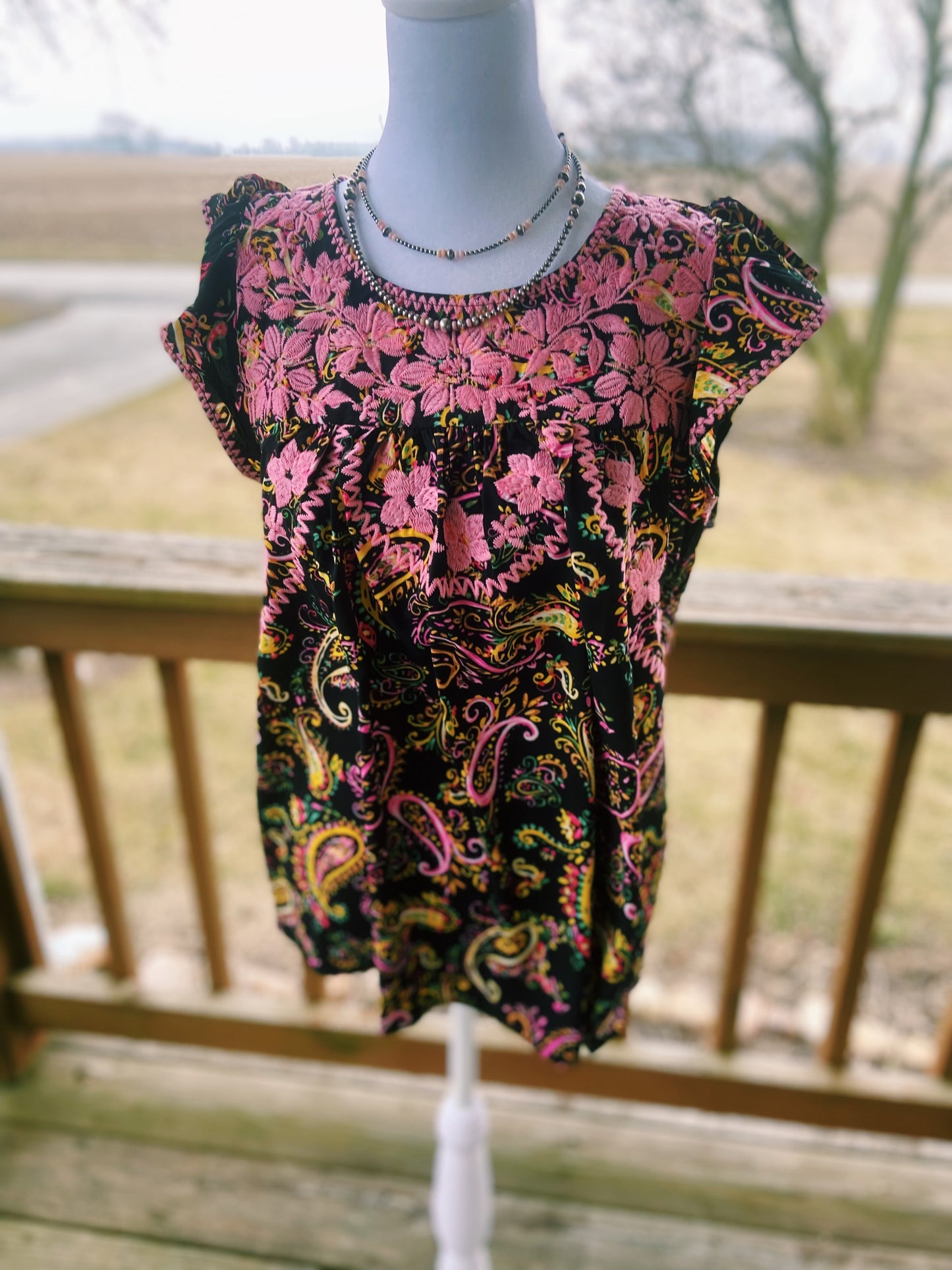 Embroidered Pink Floral + Paisley Ruffled Sleeved Top