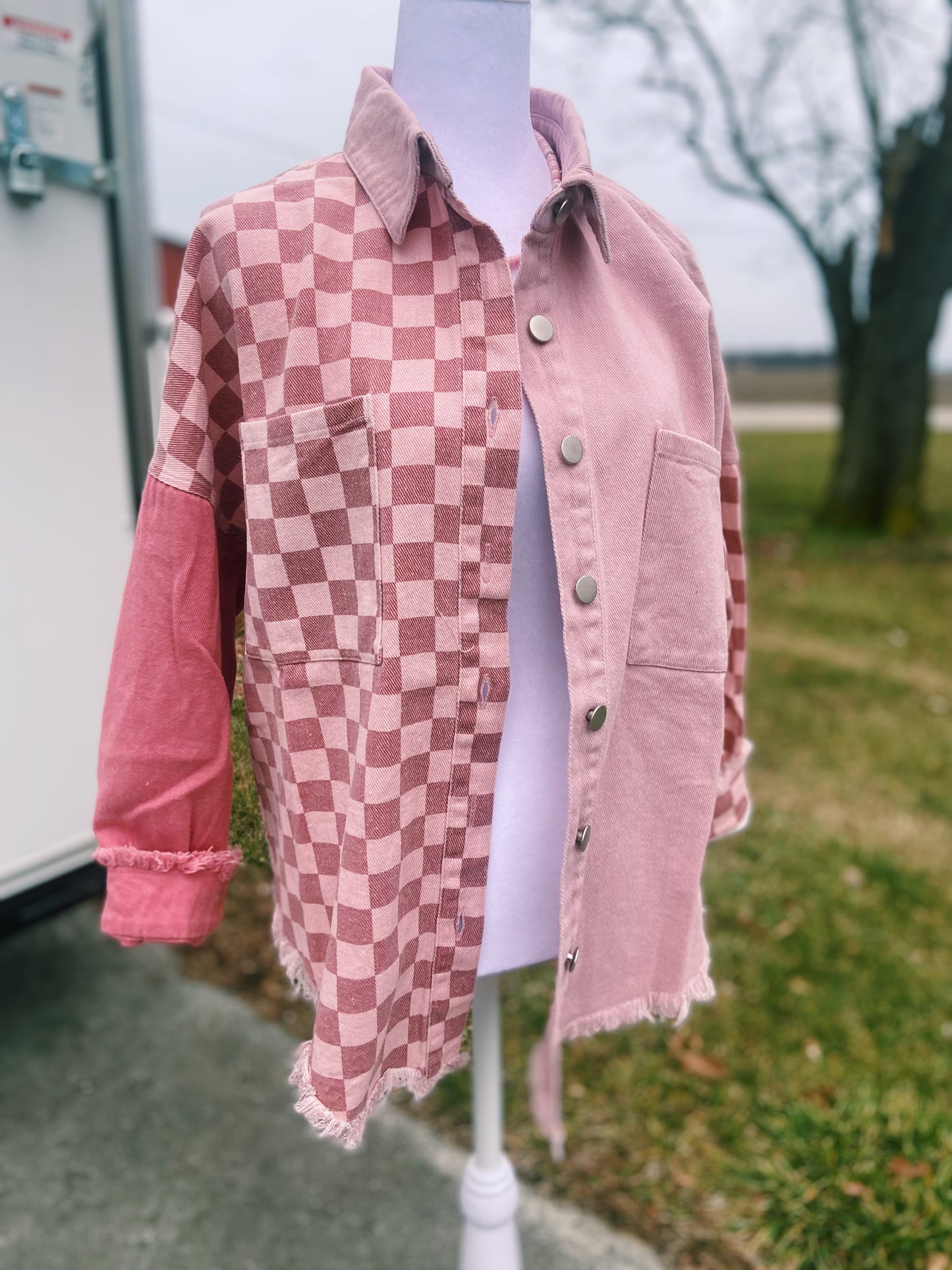 Pink Checkered Distressed Hem Jacket