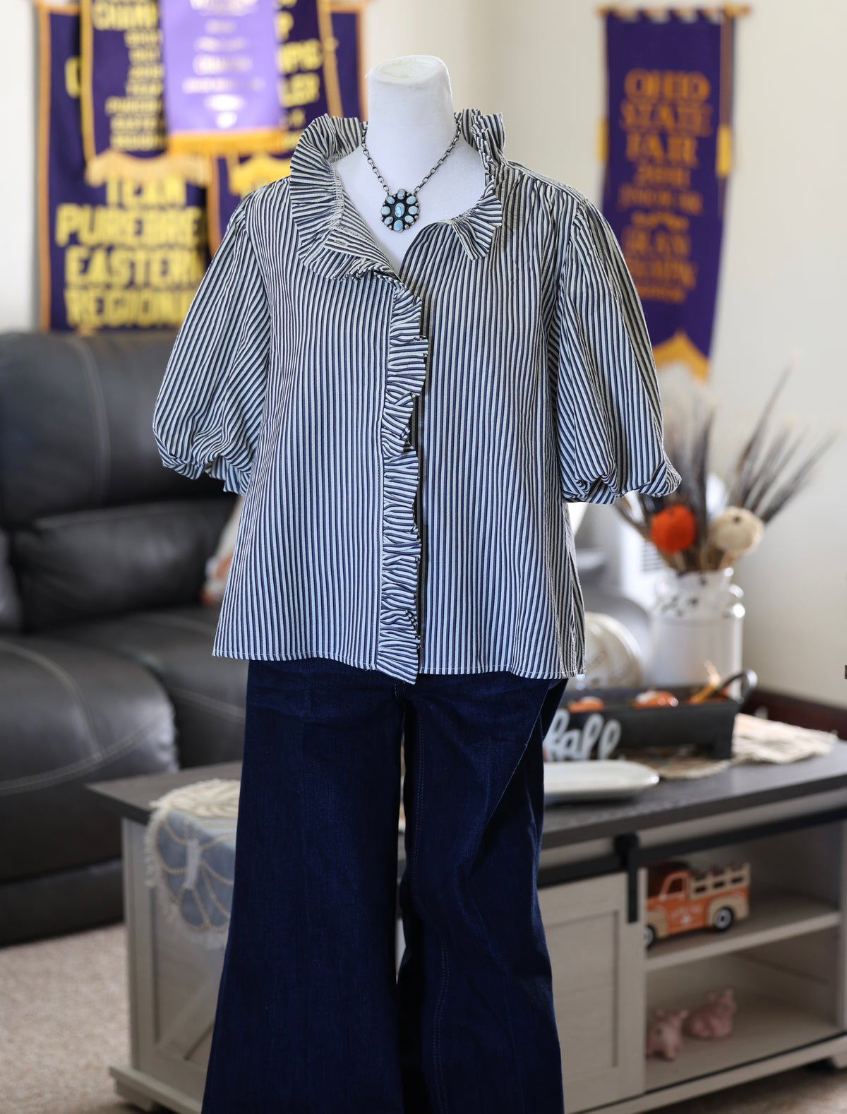 Dark Navy/Black & Grey Stripe Top