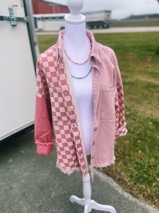 Pink Checkered Distressed Hem Jacket