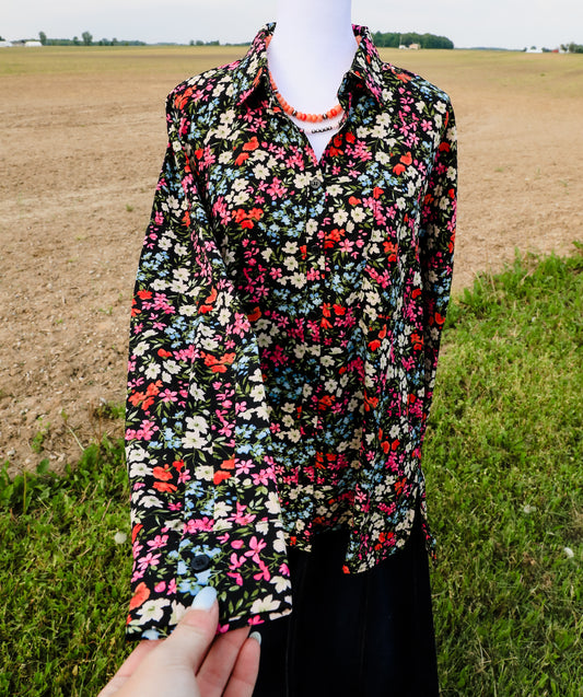 Black Floral Show Shirt ( Pink, Blue, Green, Orange )