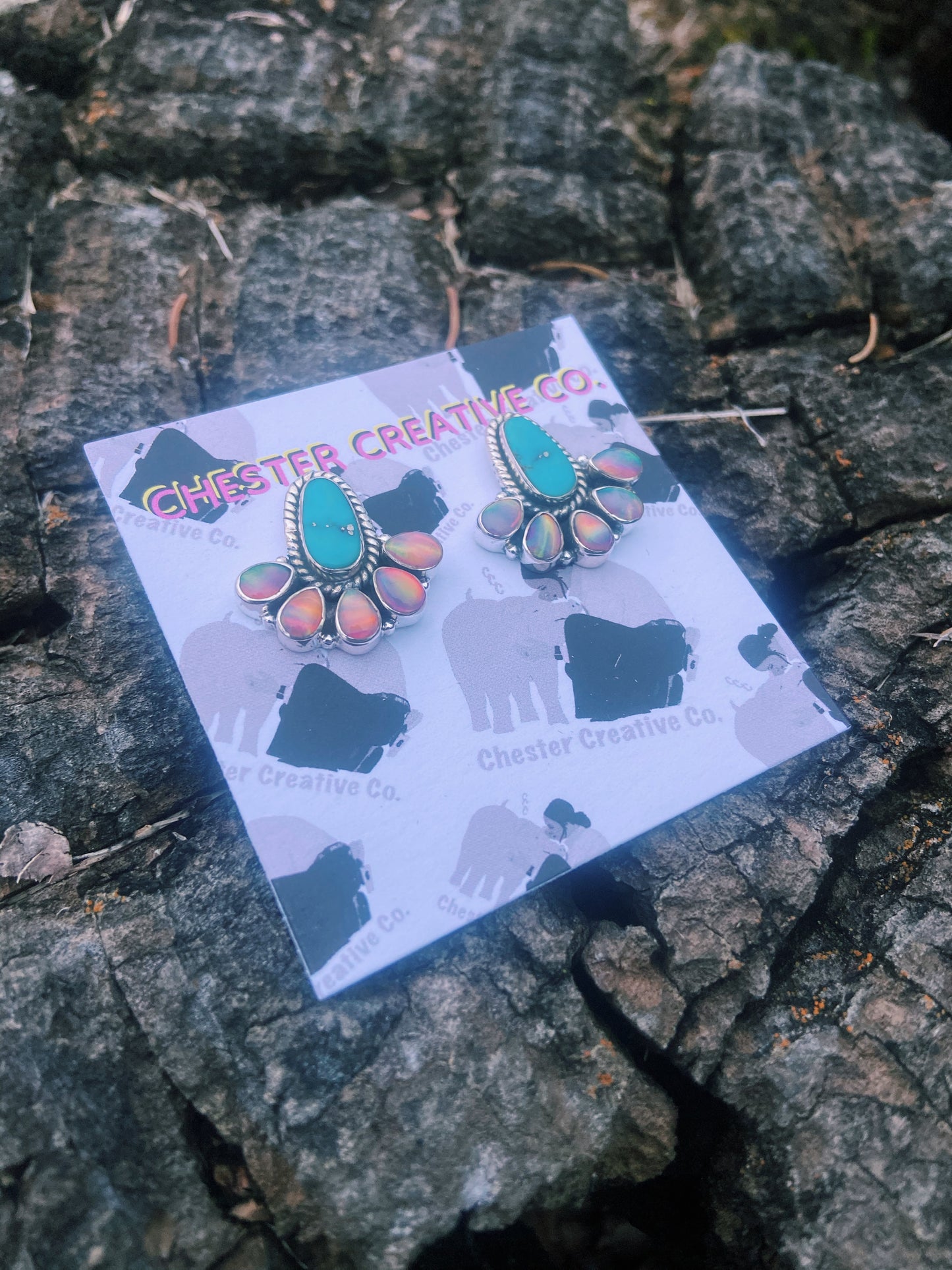 Turquoise & Iridescent Opal Stud Earrings