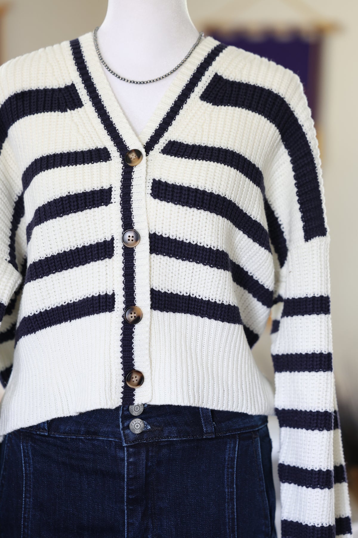 Navy & Cream V Neck Stripe Sweater Cardigan