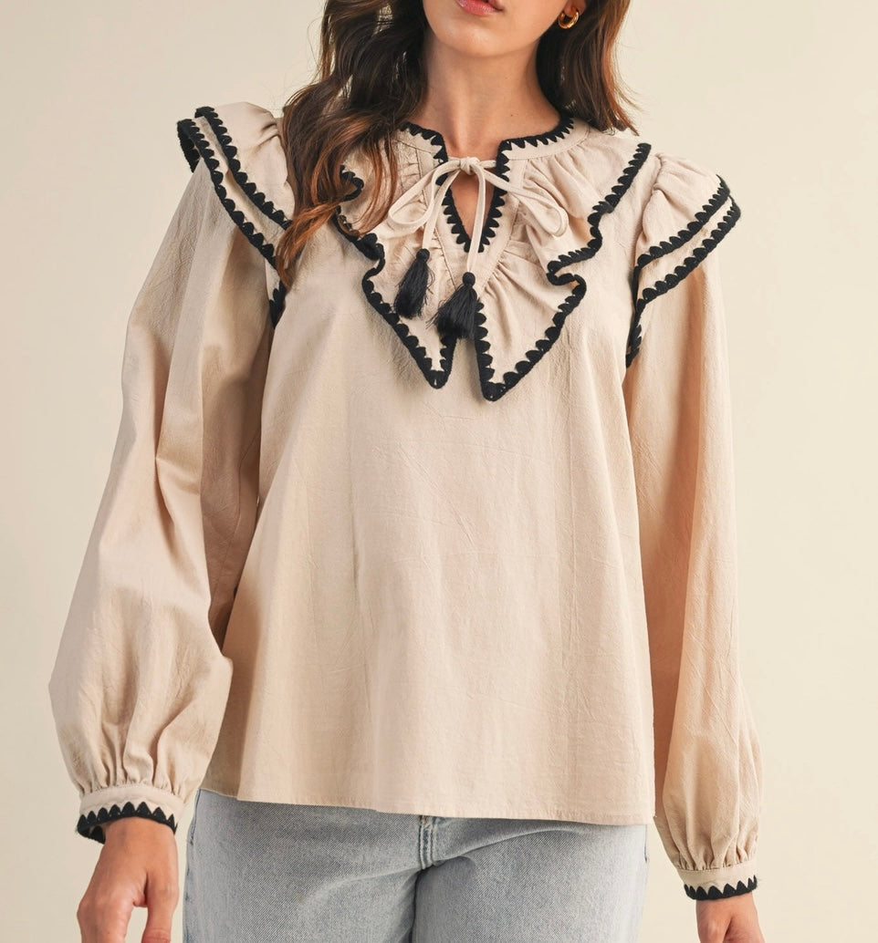 Cream & Black Ruffled Balloon Sleeve Top