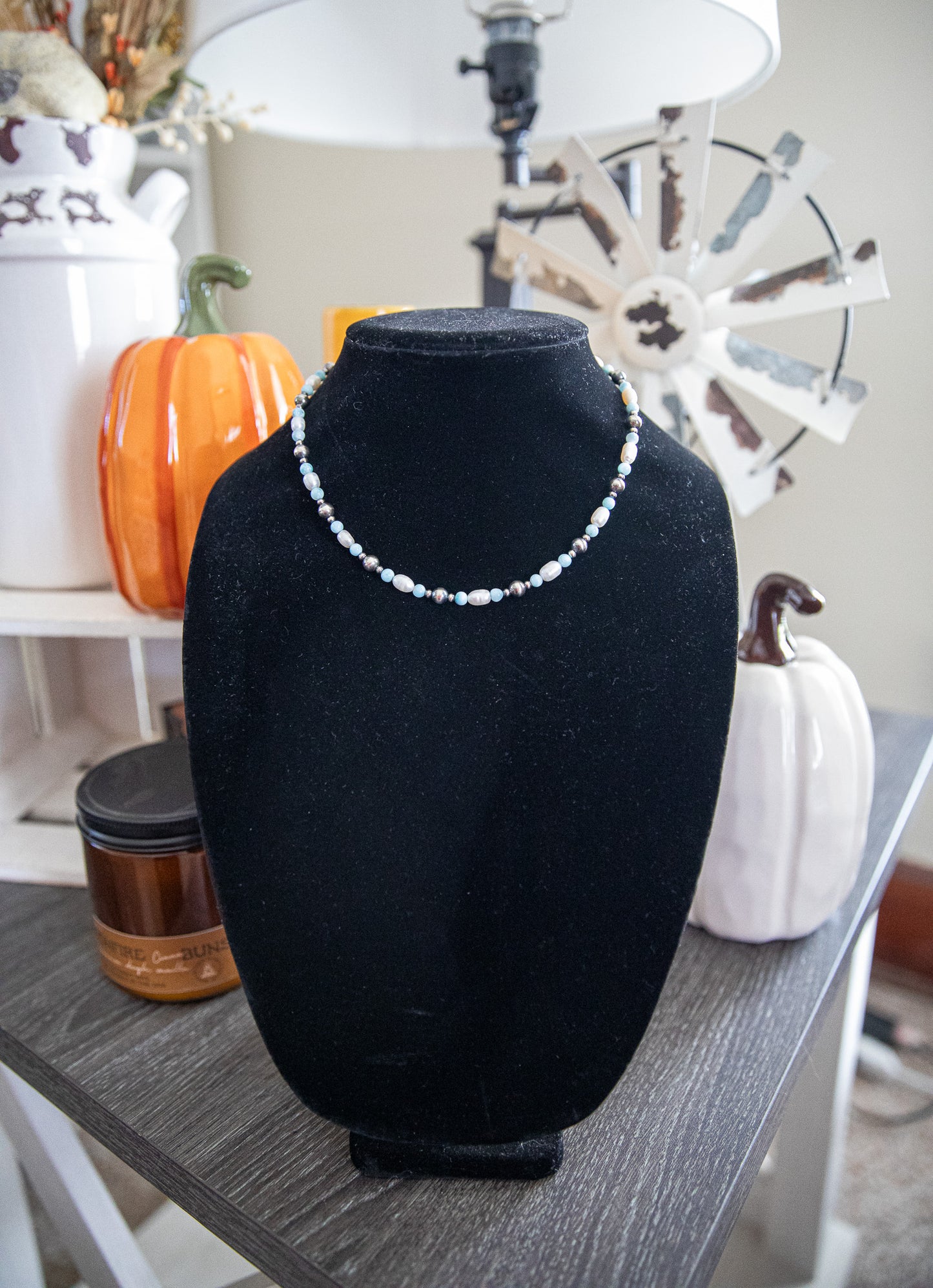 15-17 Inch Larimar, Freshwater, & Sterling Pearl Necklace