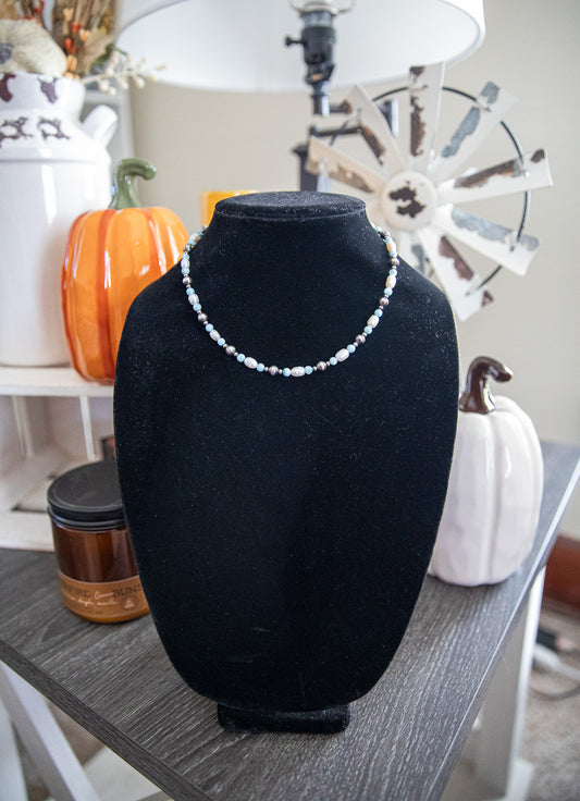15-17 Inch Larimar, Freshwater, & Sterling Pearl Necklace