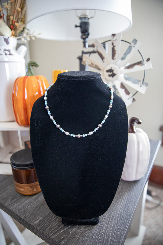 17.5-19 Inch Larimar, Freshwater, & Sterling Pearl Necklace