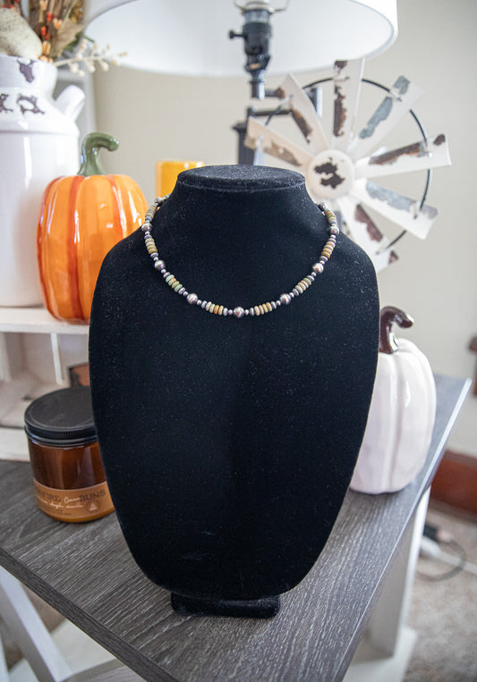 15-17 Inch Arizona Turquoise, Corrugated Saucers, & Sterling Pearl Necklace