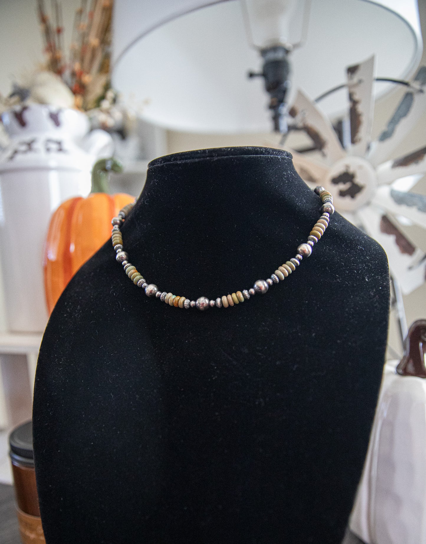 15-17 Inch Arizona Turquoise, Corrugated Saucers, & Sterling Pearl Necklace