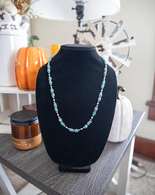 23-25 Inch Kingman Turquoise, Torpedo, & Sterling Pearl Necklace