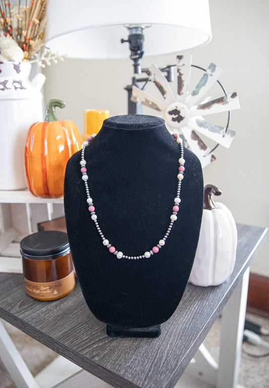 23-24 Inch Rhodonite, Freshwater, & Sterling Pearl Necklace
