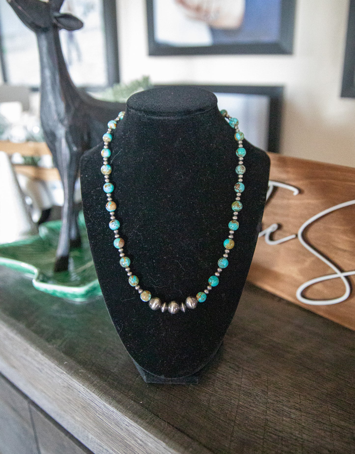 18-19.5 Inch 4-10MM Sterling Pearl & Kingman Turquoise Necklace