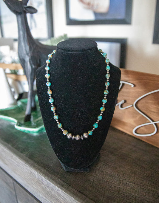 18-19.5 Inch 4-10MM Sterling Pearl & Kingman Turquoise Necklace