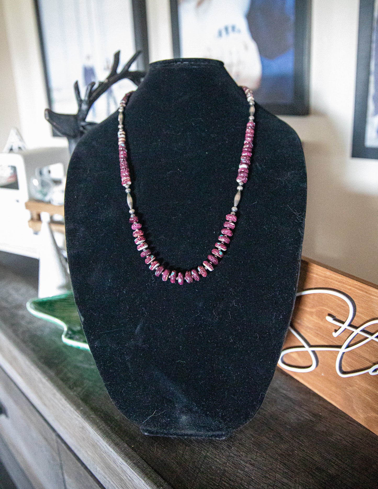 25-27 Inch 4-6MM Sterling Pearl and Torpedo & Purple Spiny Turquoise Inlay Necklace