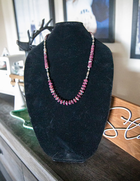 25-27 Inch 4-6MM Sterling Pearl and Torpedo & Purple Spiny Turquoise Inlay Necklace