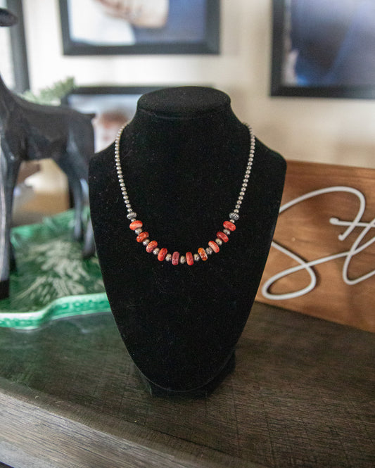 15-16.5 Inch Sterling Pearl & Red Spiny Necklace