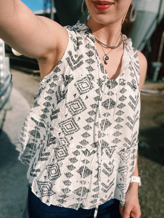 Grey & White Aztec Print Top