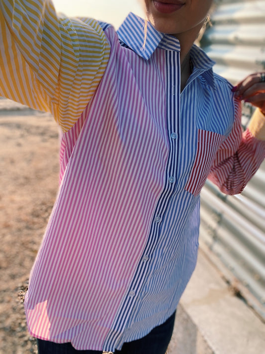 Bold Colored Stripe Show Shirt - Yellow, Blue, Pink, & Red/Dark Pink