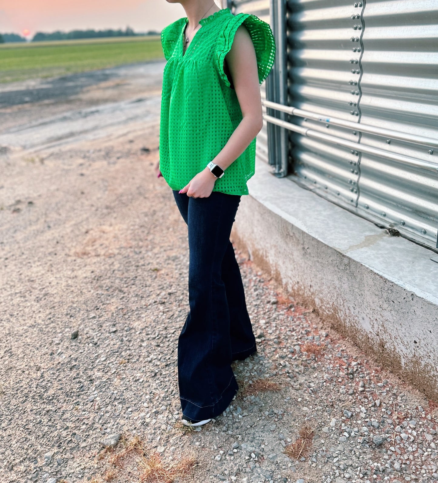 Green Grid Ruffled Top