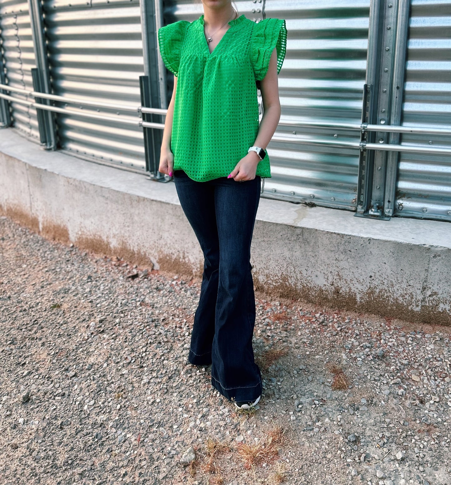 Green Grid Ruffled Top