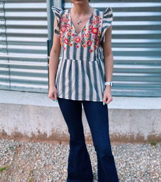 Grey & White Stripped Embroidered Top