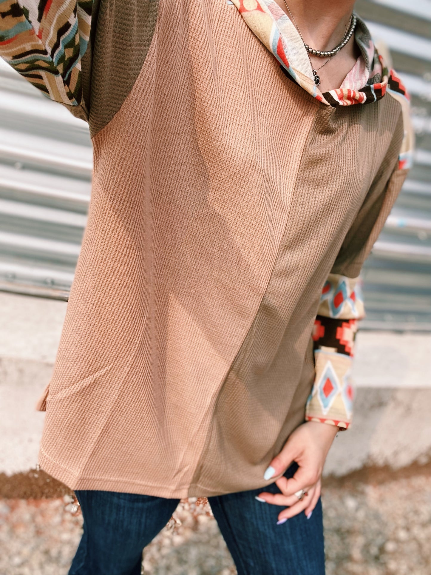 Aztec Printed Tan & Rust Hoodie Top