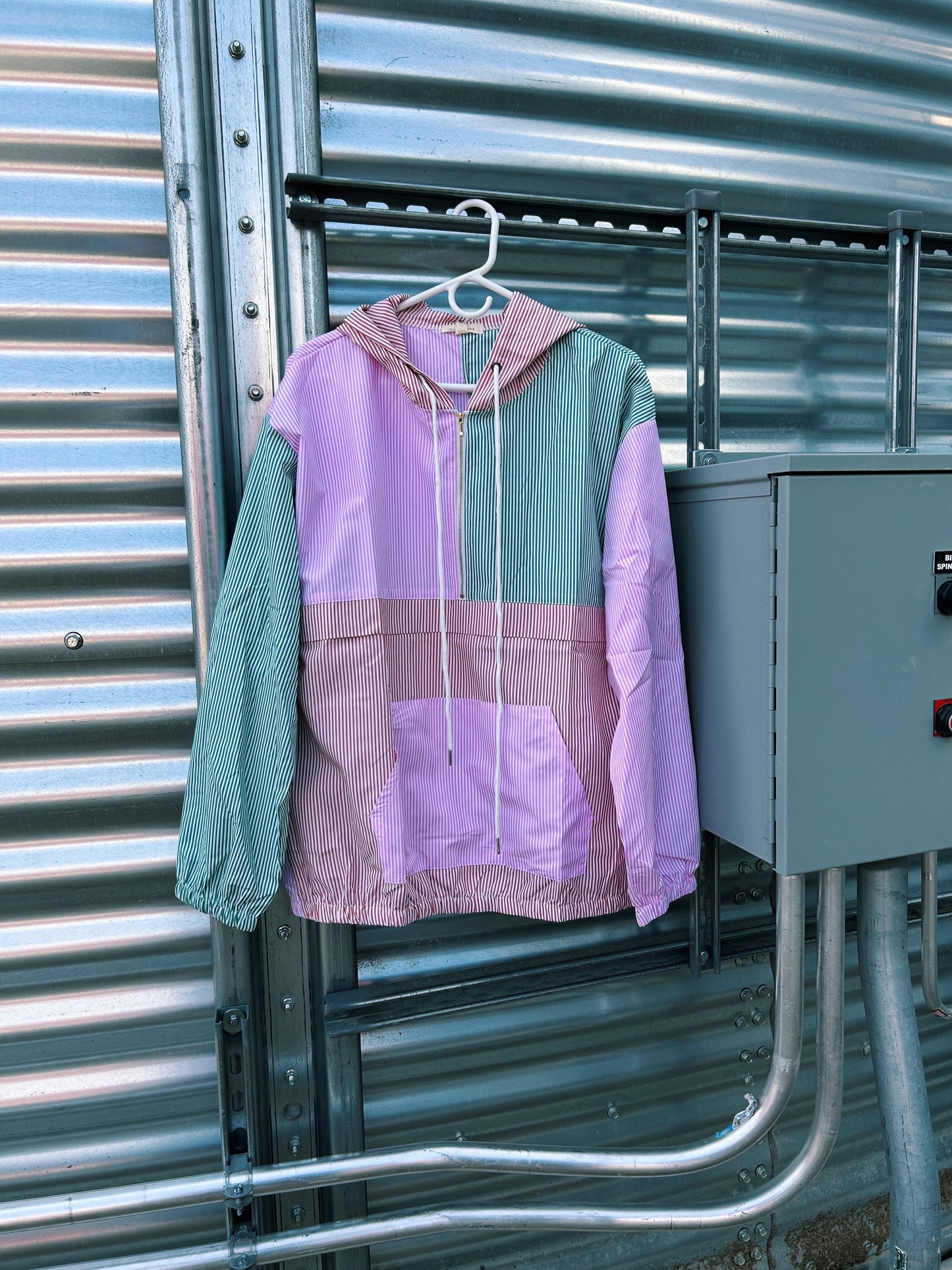 Pastel Striped Quarter Zip Windbreaker -Green/Orange/Pink