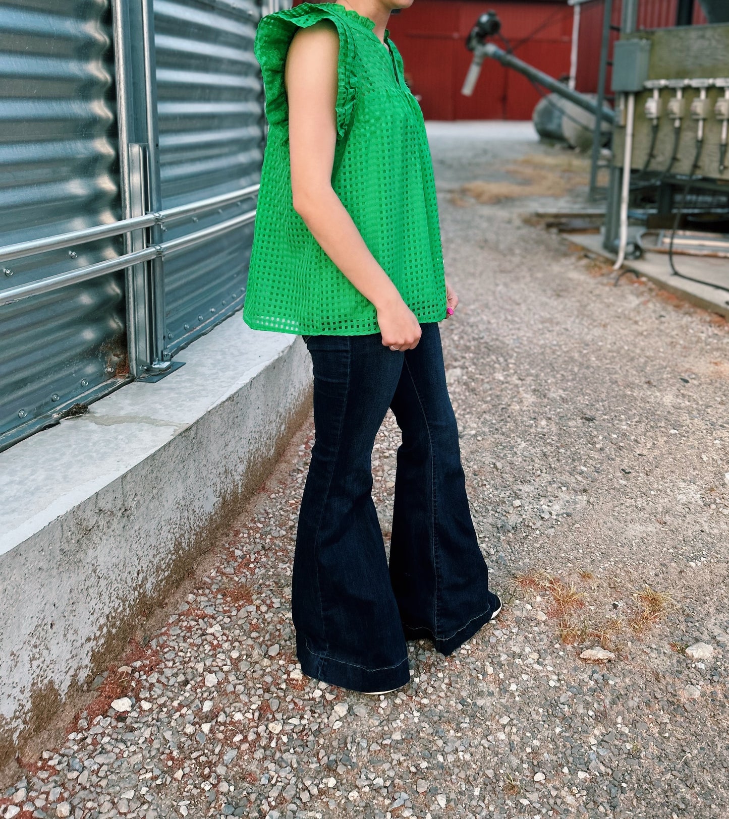 Green Grid Ruffled Top