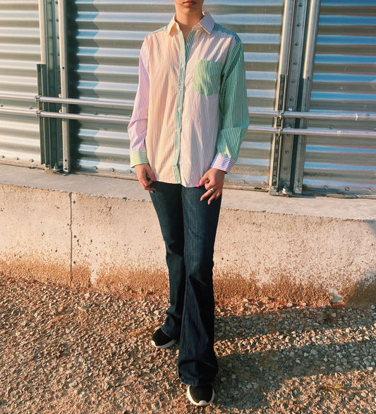 Bold Colored Stripe Show Shirt - Purple, Orange, Light & Dark Green, & Beige